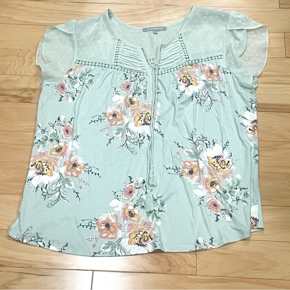 Floral Blouse with Tie Tassels - Mint Green - Picture 6 of 9